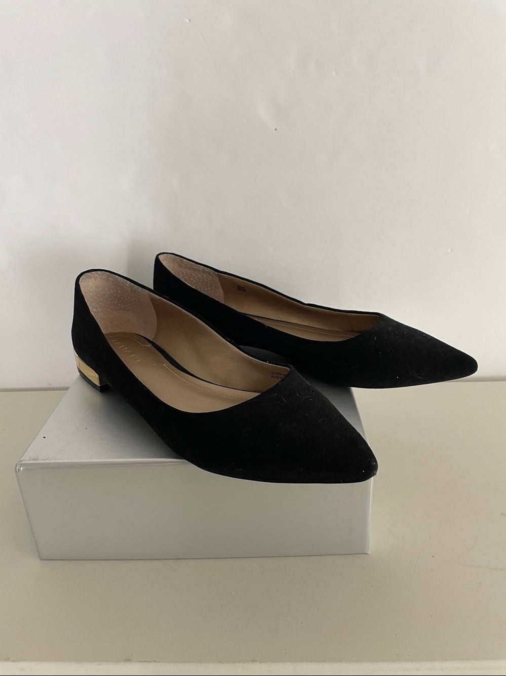 Tahari Genuine Suede Leather Black/Gold Ballet Slip on Flats Point Toe